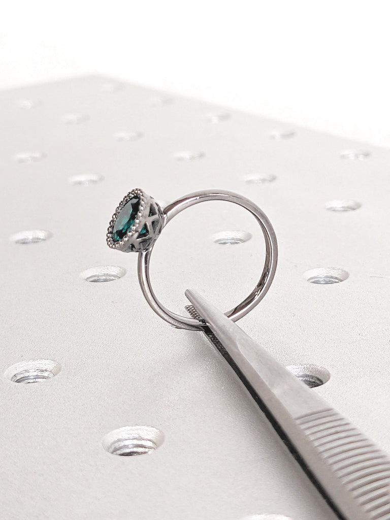 Solitaire Ring, Lab Emerald Ring, Milgrain 14k Black Gold Bezel Set Ring, Vintage Engagement Ring