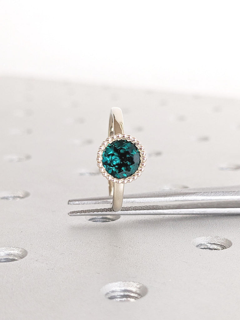 Round Cut Lab Emerald Ring, Bezel Engagement Ring