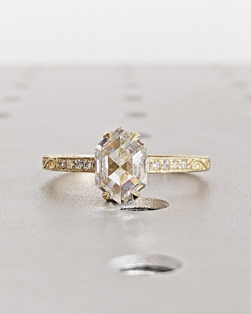 Vintage Hexagon Cut Lab Grown Diamond Ring: 1 Carat Lab Diamond, IGI Certified, Rose Cut, Solitaire Filigree Engraving, 14K Yellow Gold