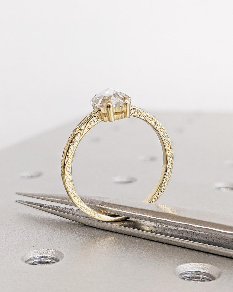Vintage Hexagon Cut Lab Grown Diamond Ring: 1 Carat Lab Diamond, IGI Certified, Rose Cut, Solitaire Filigree Engraving, 14K Yellow Gold