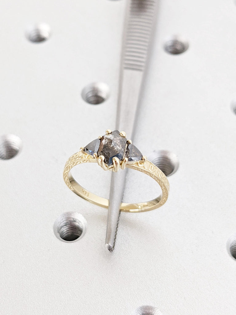 Salt And Pepper Diamond Engagement Ring, 14K Yellow Solid Gold Ring, Wedding Ring, Bridal Jewelry