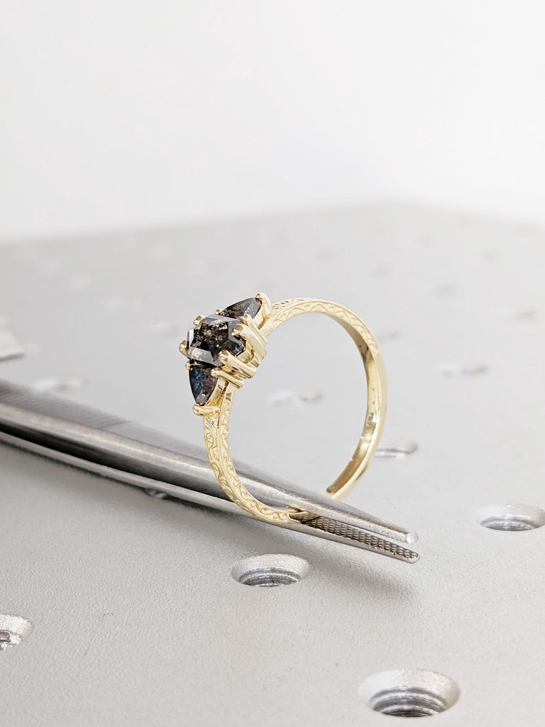 Salt And Pepper Diamond Engagement Ring, 14K Yellow Solid Gold Ring, Hexagon Trillion Cut Salt and Pepper Diamond Ring, Promise Ring Gift