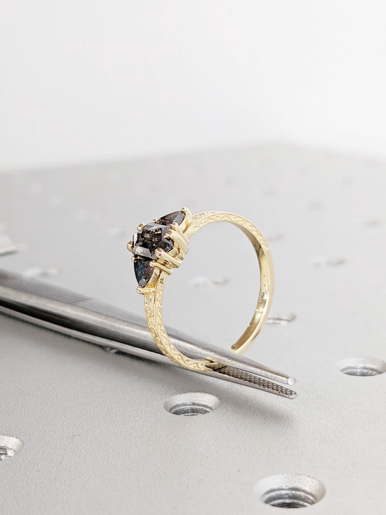 Salt And Pepper Diamond Engagement Ring, 14K Yellow Solid Gold Ring, Wedding Ring, Bridal Jewelry