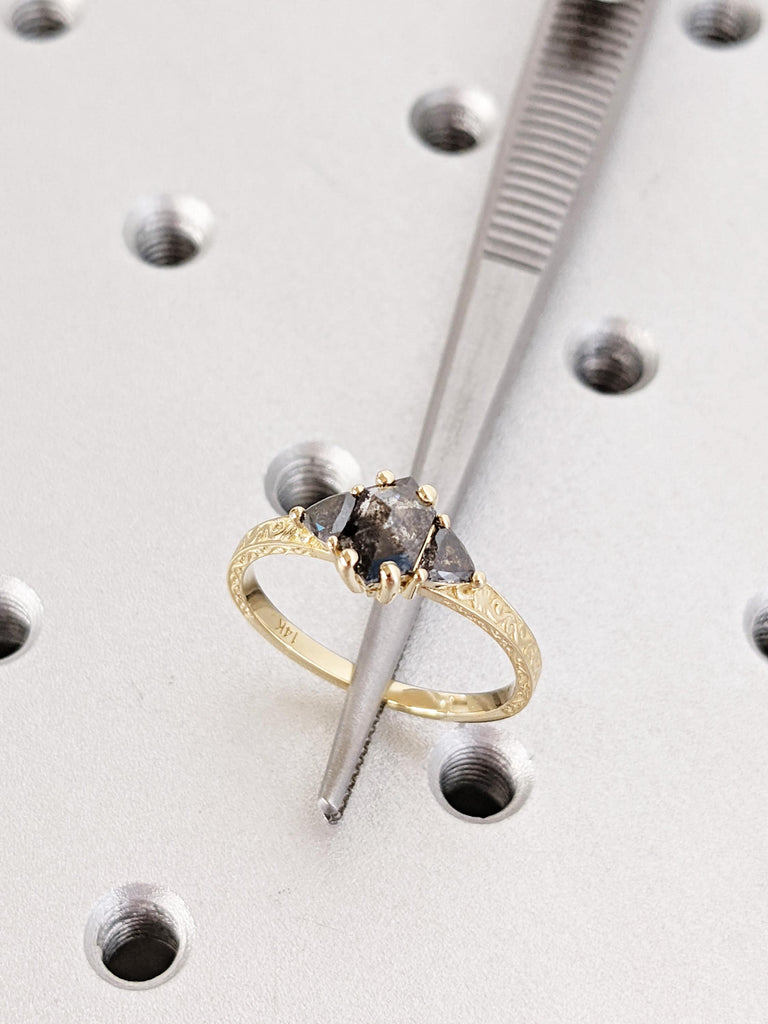 Salt And Pepper Diamond Engagement Ring, 14K Yellow Solid Gold Ring, Hexagon Trillion Cut Salt and Pepper Diamond Ring, Promise Ring Gift