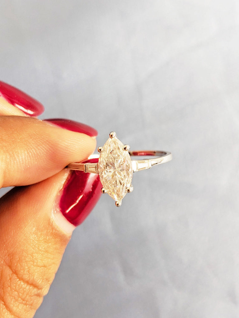 Lab Grown Diamond Engagement Ring | 14K Solid Gold Wedding Ring | Tapered Baguette Diamond Ring | Prong Set Marquise Cut Lab Diamond Ring