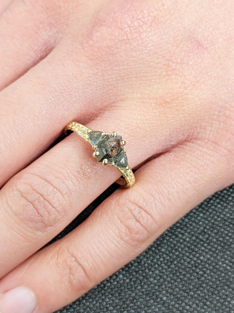 Salt And Pepper Diamond Engagement Ring, 14K Yellow Solid Gold Ring, Wedding Ring, Bridal Jewelry