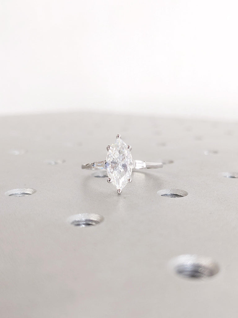 IGI Certified Marquise Cut Lab Grown Diamond Engagement Ring, 14K Gold Ring, Tapered Baguette Diamond Ring