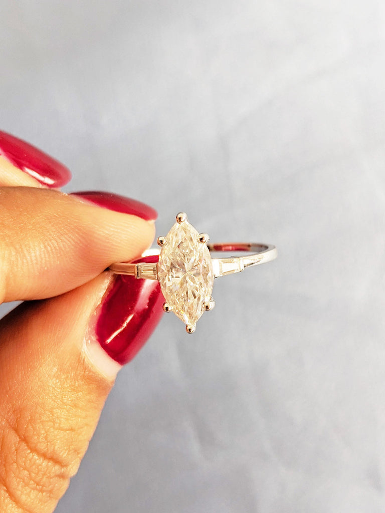 Marquise Cut Moissanite Engagement Ring, 14K Solid Gold Ring, Tapered Baguette Moissanite Ring, Bridal Ring