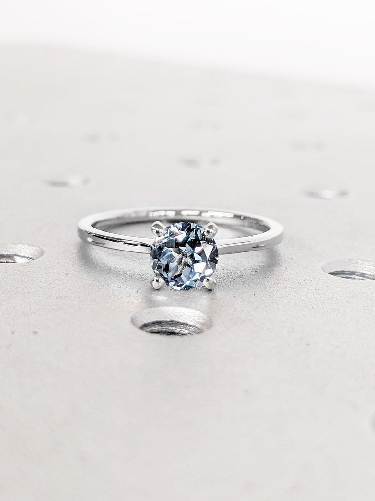 Round Aquamarine Ring, 18k White Gold Engagement Ring, Simple Ring