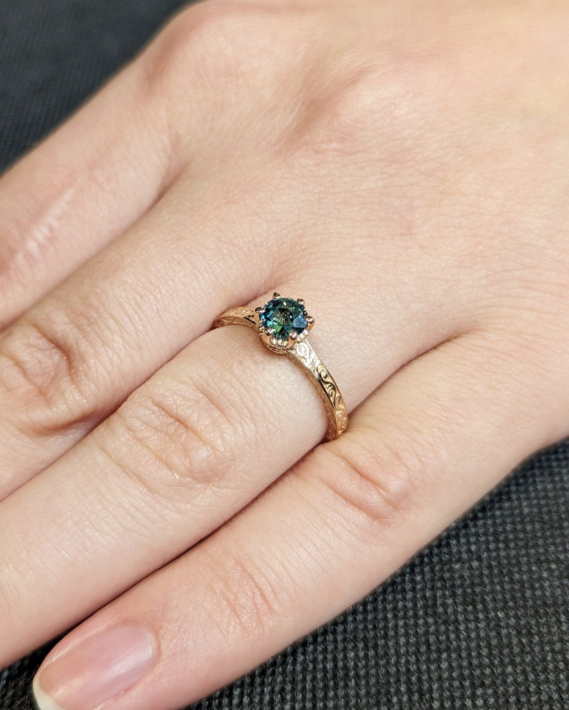 0.5ct Round Sapphire and Diamond Ring | 14k Rose Gold Engagement Ring | Antique Filigree Ring