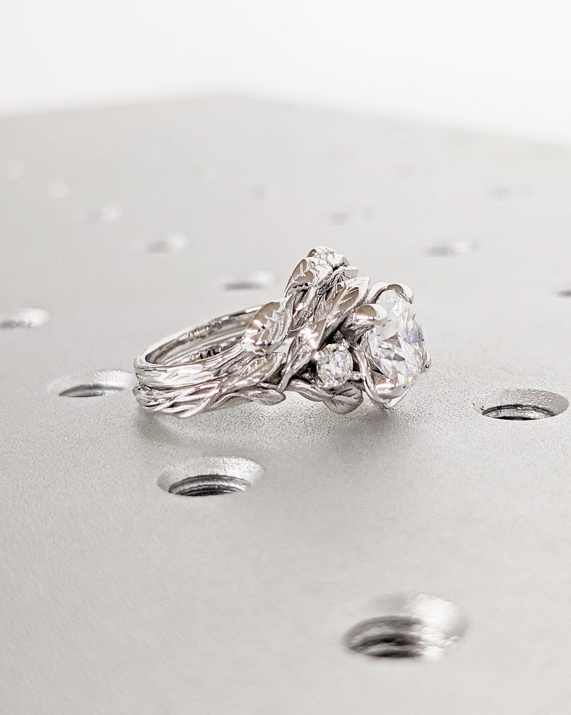 Nature Wedding Ring Set for Women, Round Moissanite Engagement Ring Set, White Gold Leaf Twig Branch Bridal Ring Set, Alternative Bridal Set