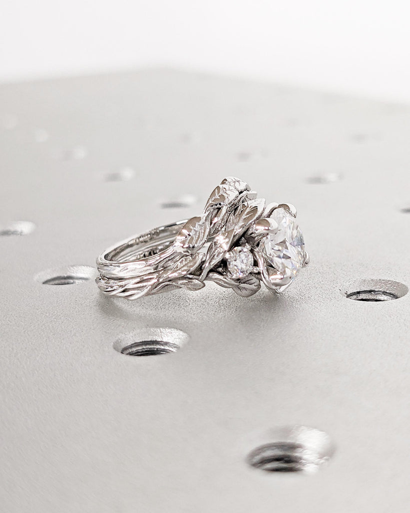 Nature Inspired Wedding Ring Set - Leaf Engagement Ring and Matching Leaf Wedding Band - 14K White Gold - Unique Promise Ring Bridal Set