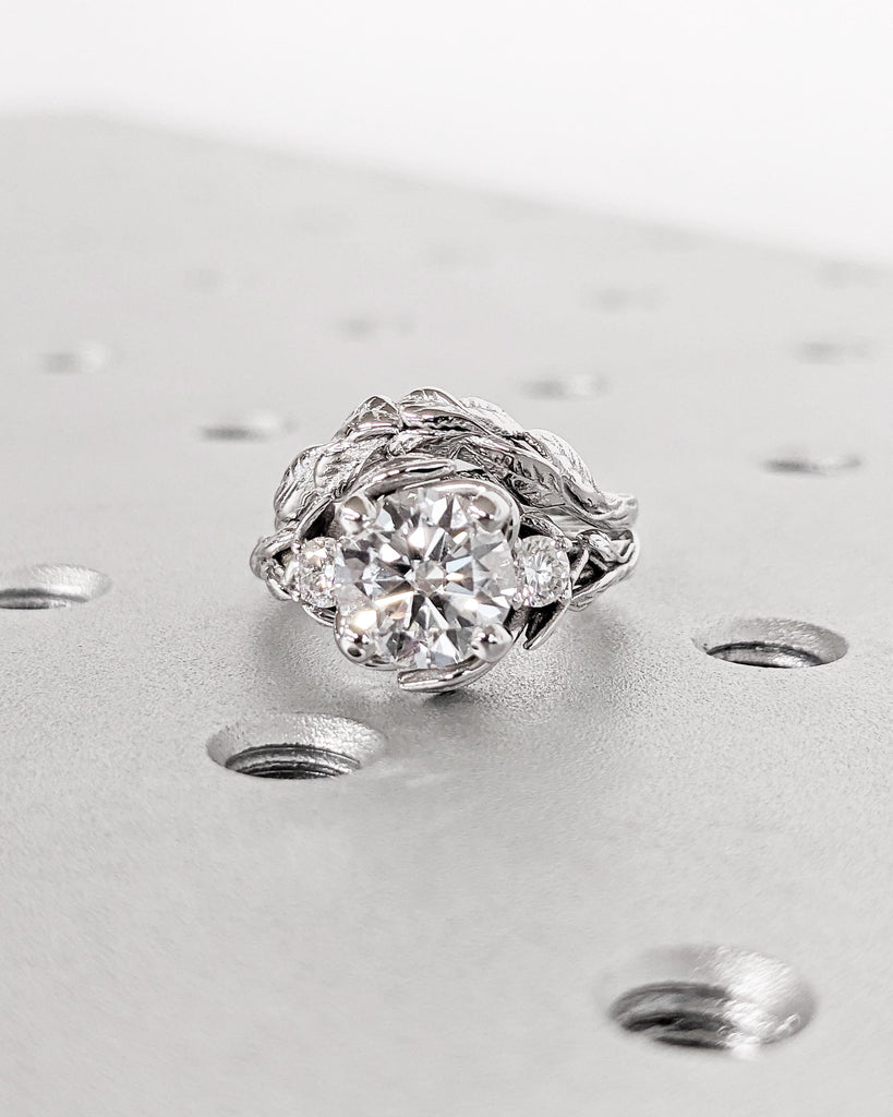 Nature Inspired Wedding Ring Set - Leaf Engagement Ring and Matching Leaf Wedding Band - 14K White Gold - Unique Promise Ring Bridal Set