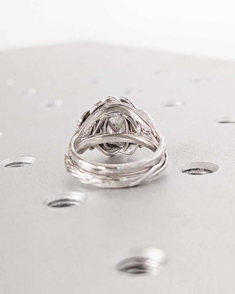 Nature Wedding Ring Set for Women, Round Moissanite Engagement Ring Set, White Gold Leaf Twig Branch Bridal Ring Set, Alternative Bridal Set