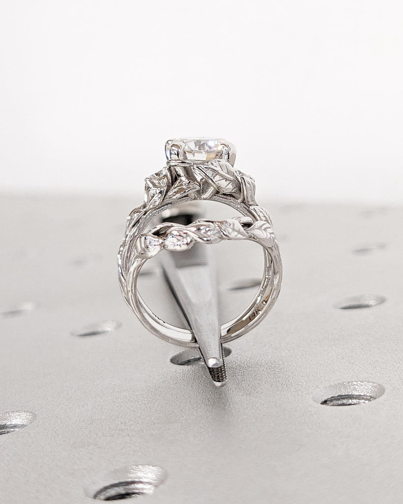 Nature Wedding Ring Set for Women, Round Moissanite Engagement Ring Set, White Gold Leaf Twig Branch Bridal Ring Set, Alternative Bridal Set