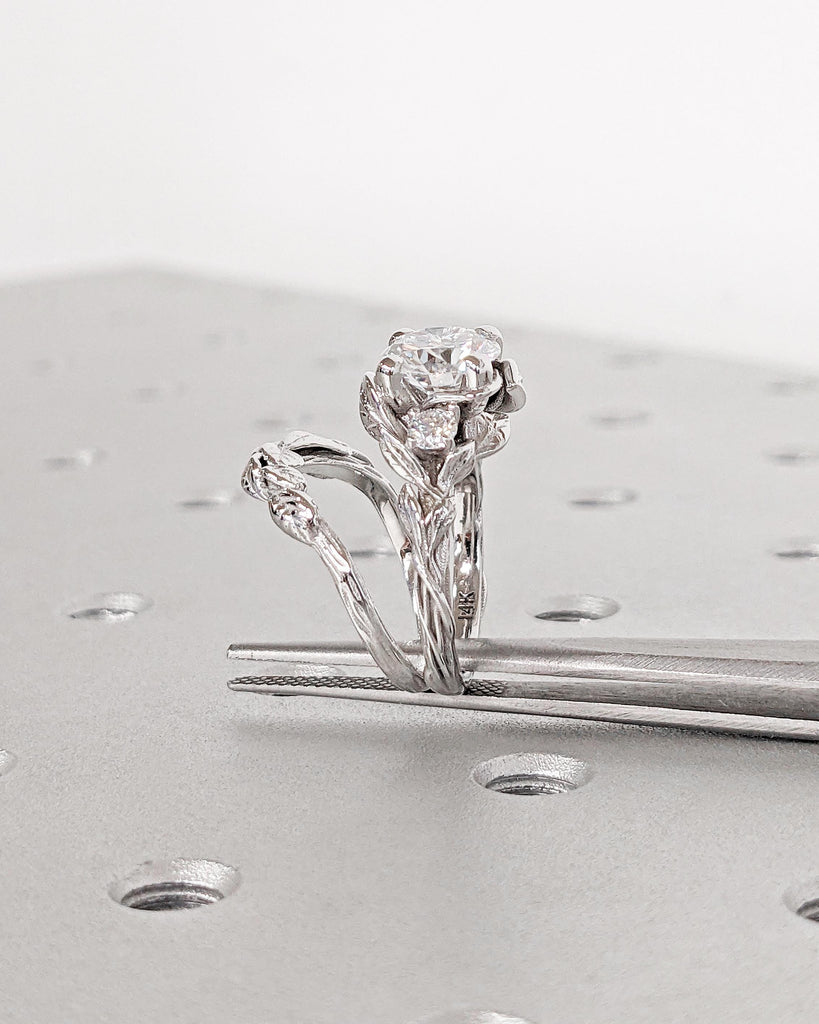 Nature Wedding Ring Set for Women, Round Moissanite Engagement Ring Set, White Gold Leaf Twig Branch Bridal Ring Set, Alternative Bridal Set