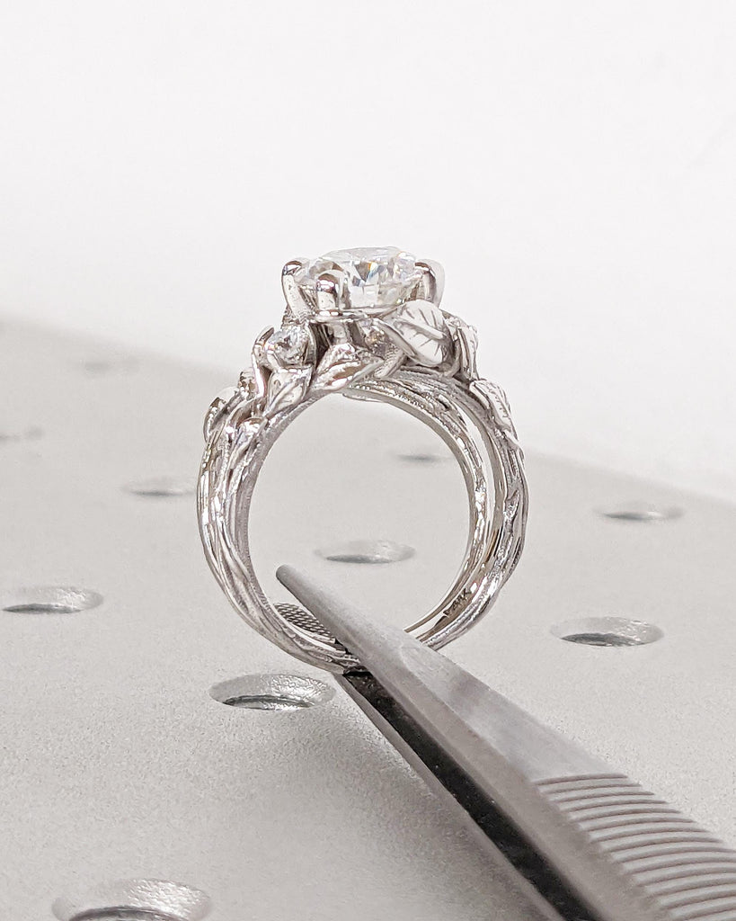 Nature Wedding Ring Set for Women, Round Moissanite Engagement Ring Set, White Gold Leaf Twig Branch Bridal Ring Set, Alternative Bridal Set