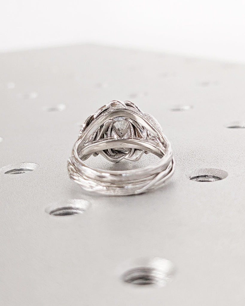 Lab Grown Diamond Nature Wedding Ring Set: 14K White Gold Leaf Engagement Ring with Matching Wedding Band, Unique Bridal Ring Set
