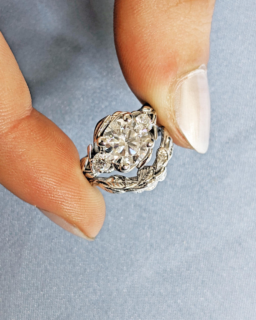 Lab Grown Diamond Nature Wedding Ring Set: 14K White Gold Leaf Engagement Ring with Matching Wedding Band, Unique Bridal Ring Set