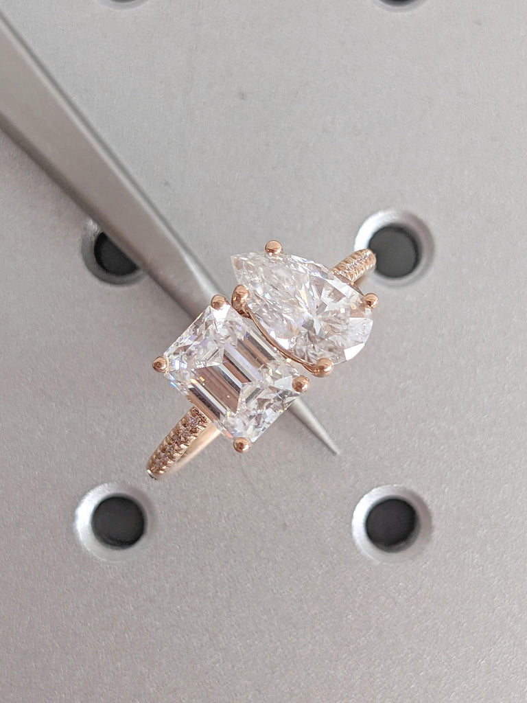 2.5 Carat Emerald & Pear Cut Lab Diamond Engagement Ring, 14k Rose Gold | Vintage Toi Et Moi Ring | Half Eternity Band | Anniversary Gift
