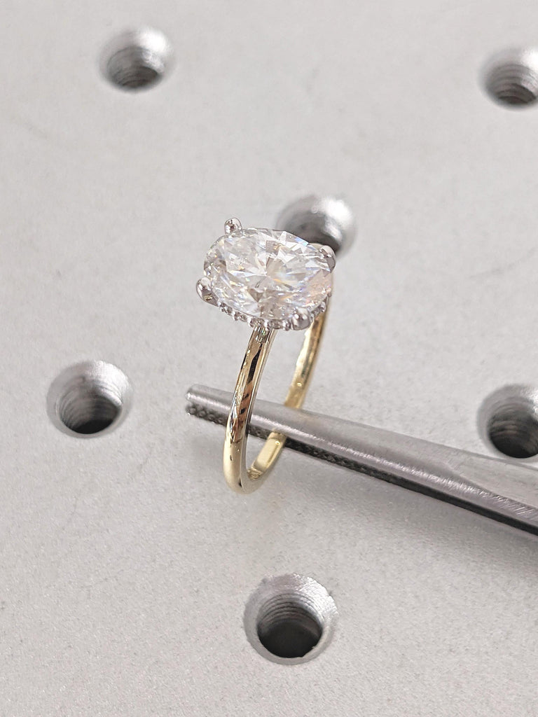 Oval Moissanite Ring, 14k Gold Ring, Two Tone Ring, Hidden Halo Statement Rings for Women