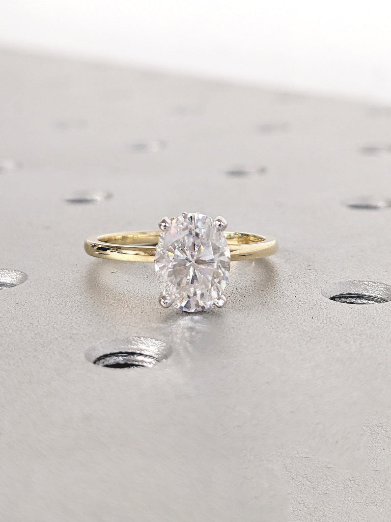 Oval Moissanite Ring, 14k Gold Ring, Two Tone Ring, Hidden Halo Statement Rings for Women