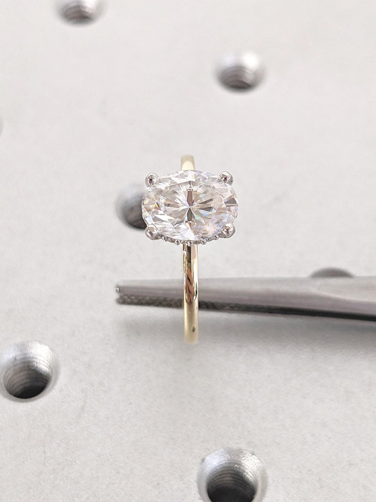 Two Tone Oval Moissanite Ring for Women, Hidden Halo Engagement Ring, Dainty 14k Yellow, White Gold Ring, Solitaire Ring, Personalized Ring
