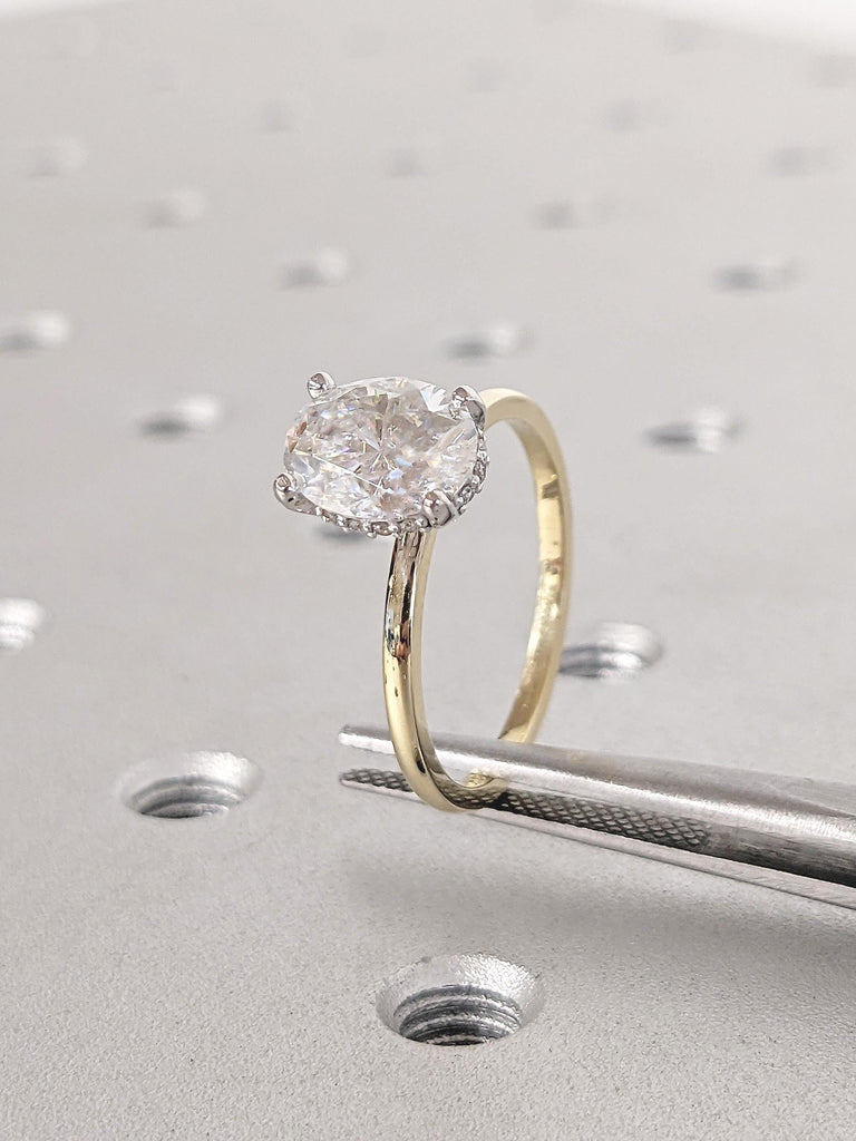 Oval Cut Moissanite Engagement Ring, 14k Gold Diamond Hidden Halo Ring, Two Tone Ring