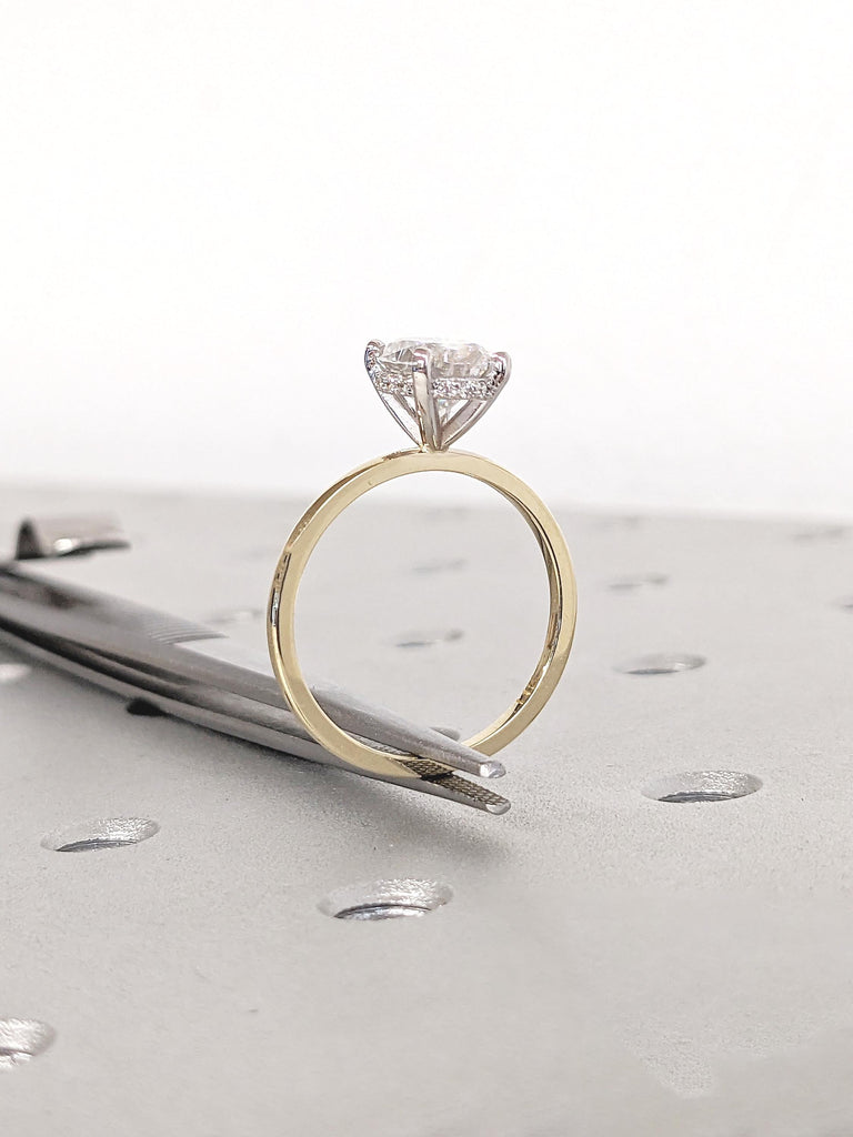 Two Tone Oval Moissanite Ring for Women, Hidden Halo Engagement Ring, Dainty 14k Yellow, White Gold Ring, Solitaire Ring, Personalized Ring