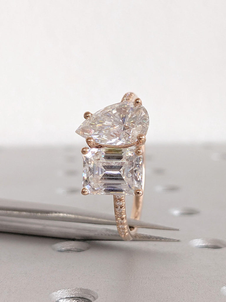 Solid Rose Gold Engagement Ring | F Color VS1 Lab Grown Diamond | Two Stone Wedding Ring