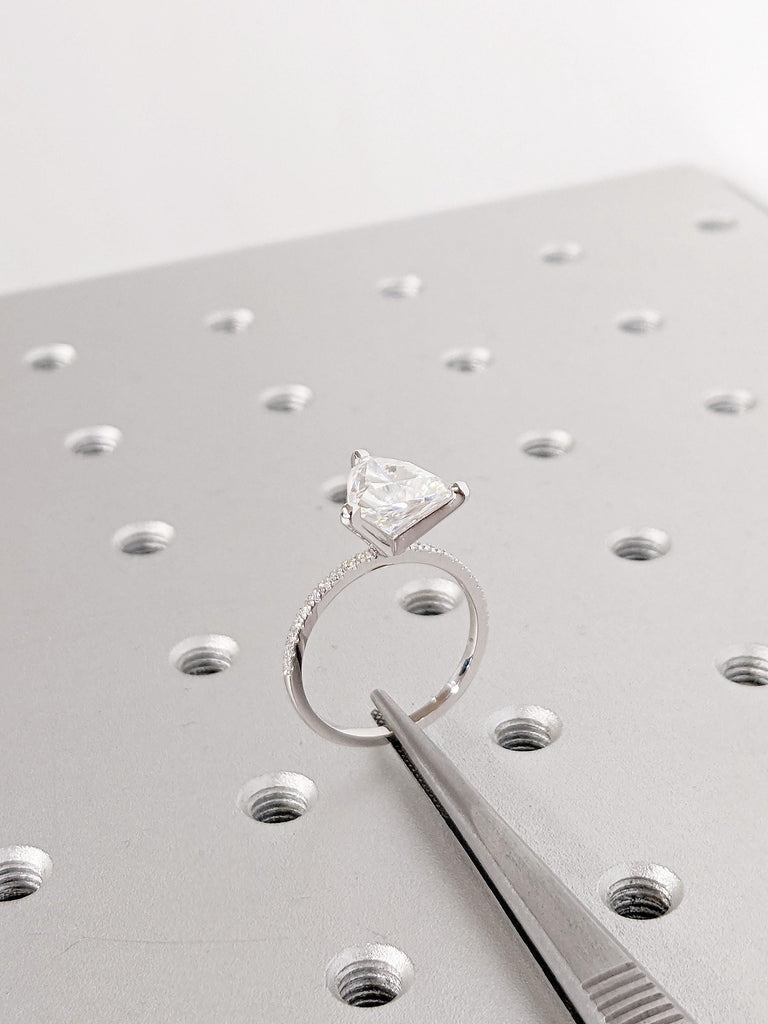 14K White Gold Moissanite Engagement Ring | Trillion Cut Moissanite Solitaire Ring | Unique Pave Band Wedding Ring | Modern Bridal Jewelry