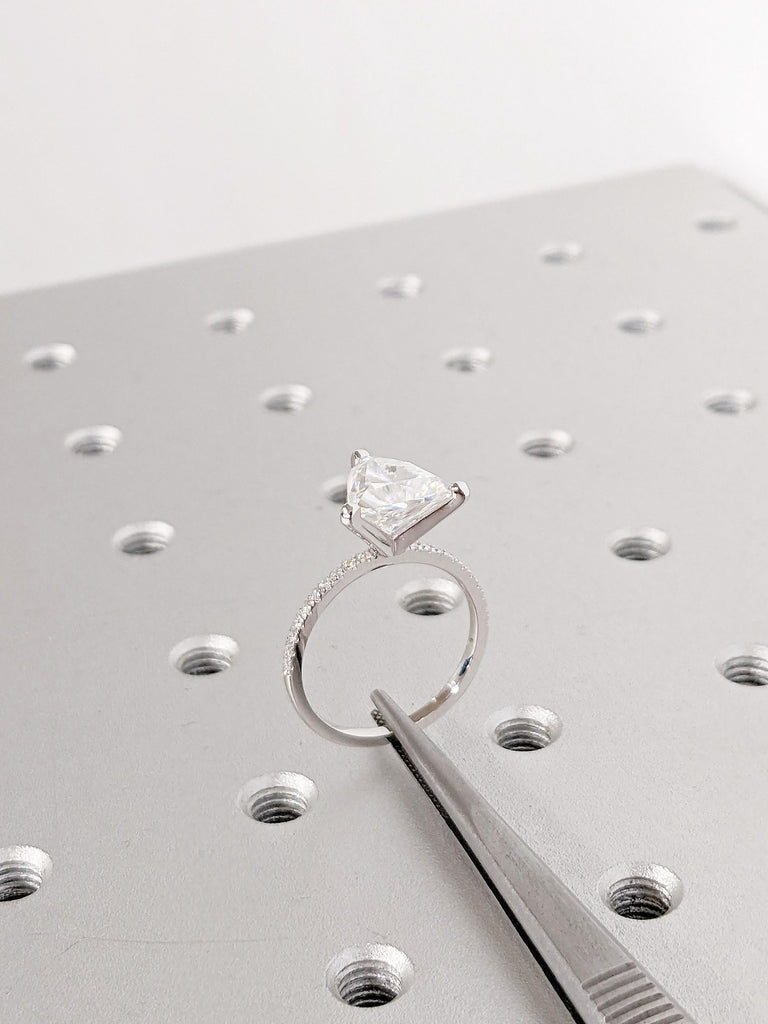 Moissanite Engagement Ring: Trillion Cut with Pave Band in 14K White Gold