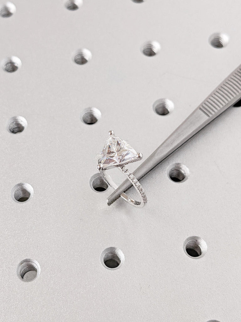 14K White Gold Moissanite Engagement Ring | Trillion Cut Moissanite Solitaire Ring | Unique Pave Band Wedding Ring | Modern Bridal Jewelry