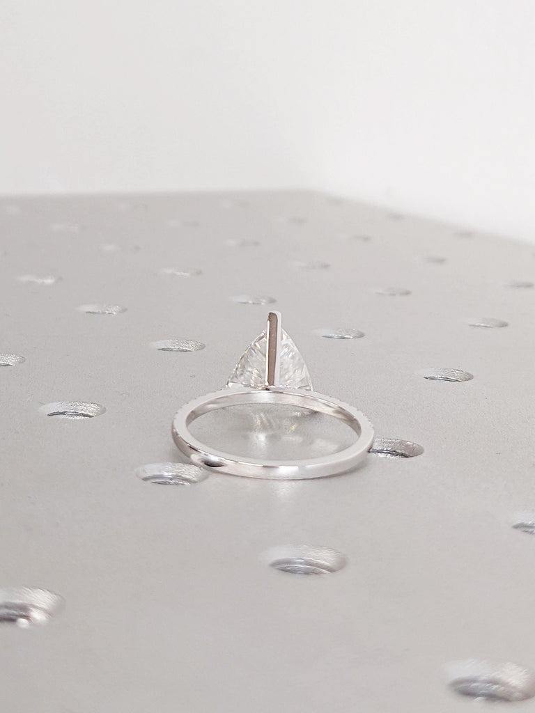 14K White Gold Moissanite Engagement Ring | Trillion Cut Moissanite Solitaire Ring | Unique Pave Band Wedding Ring | Modern Bridal Jewelry