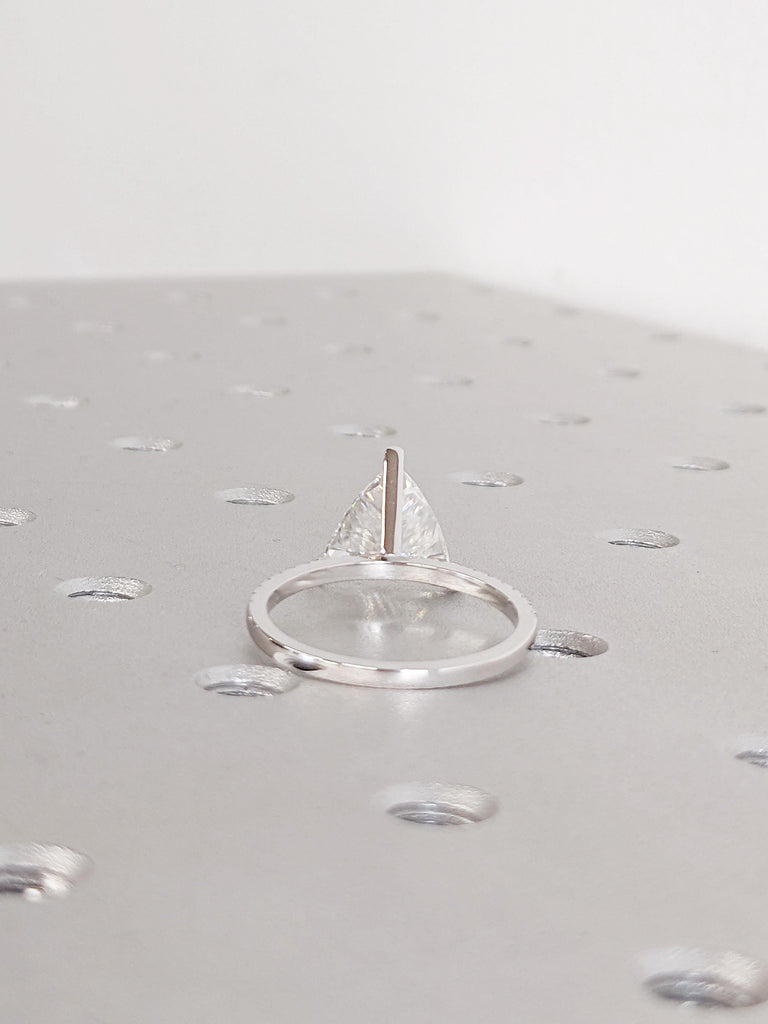 Moissanite Engagement Ring: Trillion Cut with Pave Band in 14K White Gold