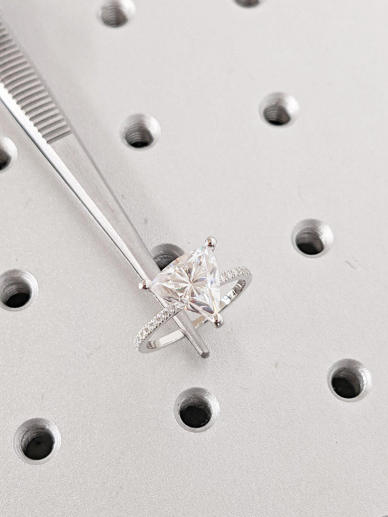 14K White Gold Moissanite Engagement Ring | Trillion Cut Moissanite Solitaire Ring | Unique Pave Band Wedding Ring | Modern Bridal Jewelry
