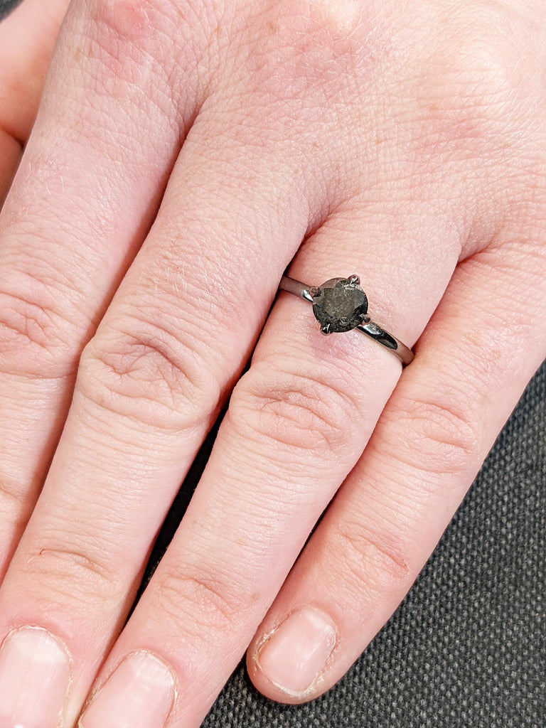 Raw Salt and Pepper Diamond Ring: Round Cut Solitaire in Talon Prong