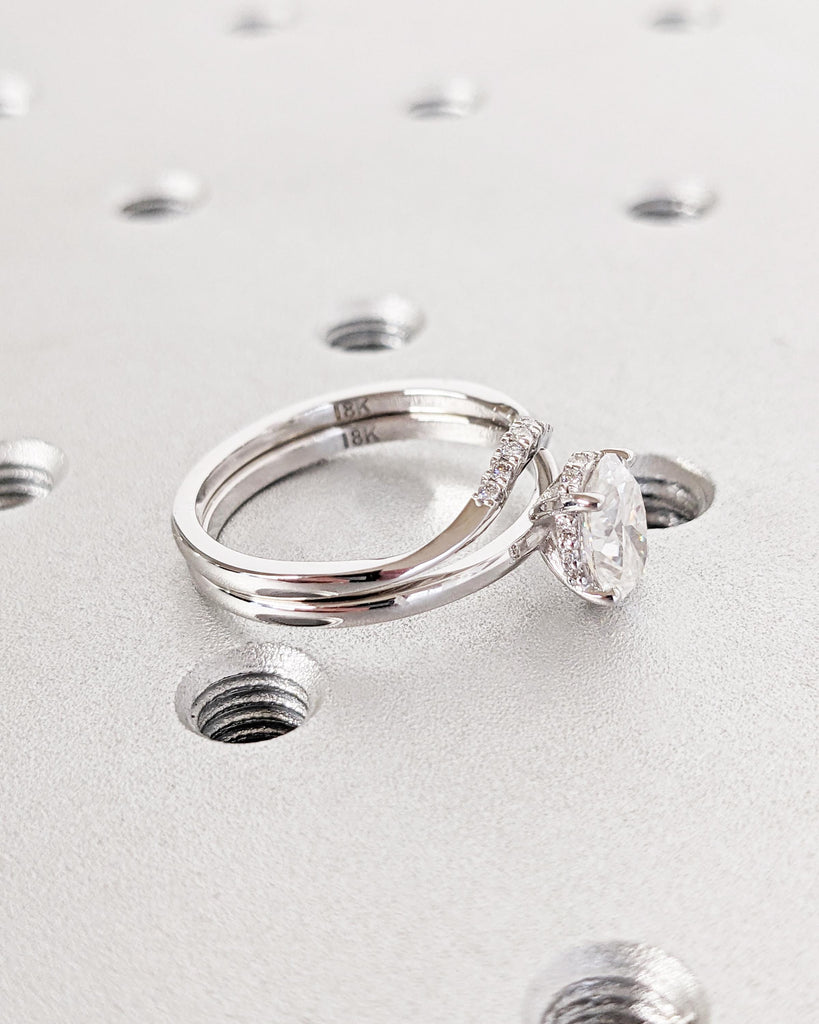 Moissanite Oval Engagement Ring Set, Moissanite Bridal Set, Diamond Hidden Halo Wedding Ring Set, Matching Rings, White Gold Promise Rings