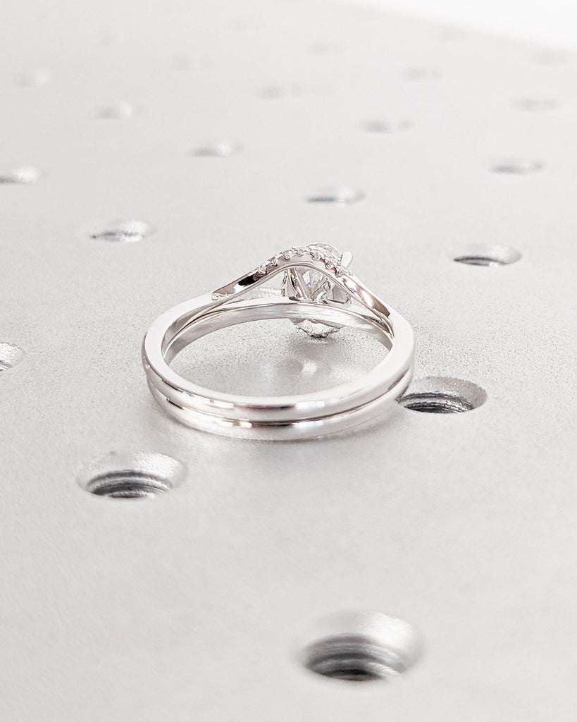 Moissanite Oval Engagement Ring Set, Moissanite Bridal Set, Diamond Hidden Halo Wedding Ring Set, Matching Rings, White Gold Promise Rings