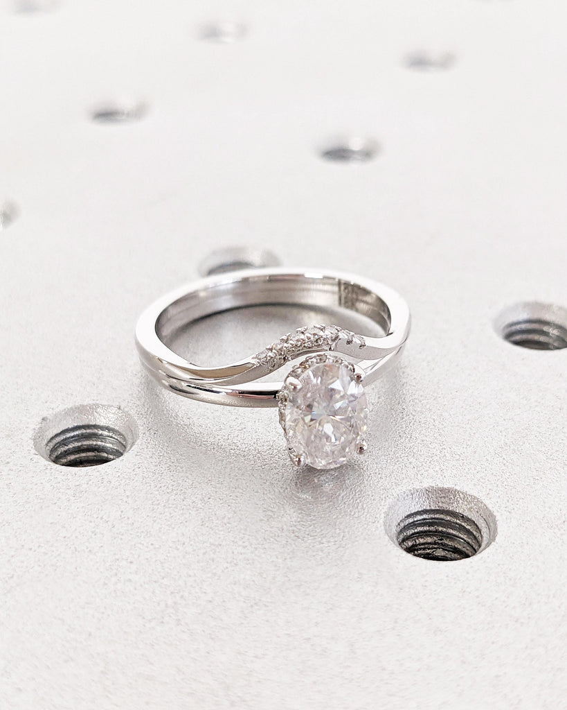 Moissanite Oval Engagement Ring Set, Moissanite Bridal Set, Diamond Hidden Halo Wedding Ring Set, Matching Rings, White Gold Promise Rings