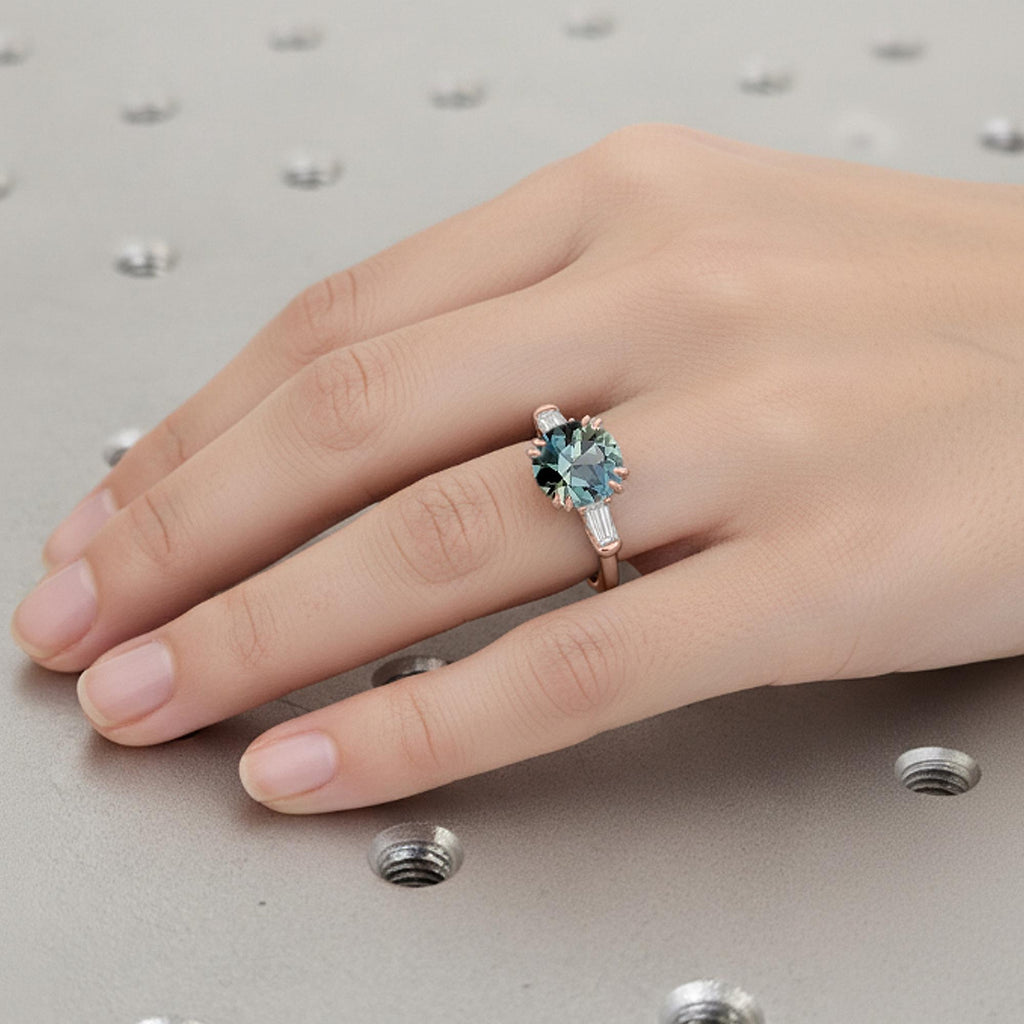 14k Rose Gold Round Cut Engagement Ring | 1CT Blue Green Sapphire Engagement Ring | Round cut Sapphire and Diamond Three Stone Ring | Gold Promise Ring