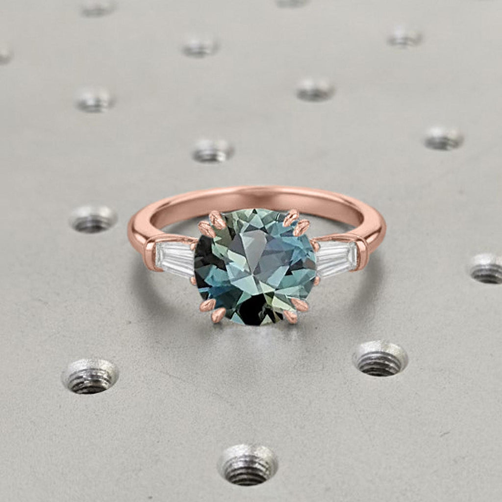 1 Carat Teal Sapphire Engagement Ring | 14k Rose Gold  Sapphire Ring | Round Cut Promise Ring | Three Stone Past Present Future Wedding Ring