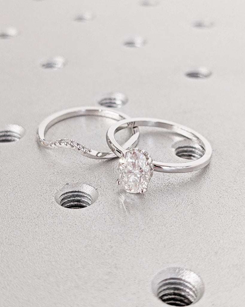 Moissanite Oval Engagement Ring Set, Moissanite Bridal Set, Diamond Hidden Halo Wedding Ring Set, Matching Rings, White Gold Promise Rings