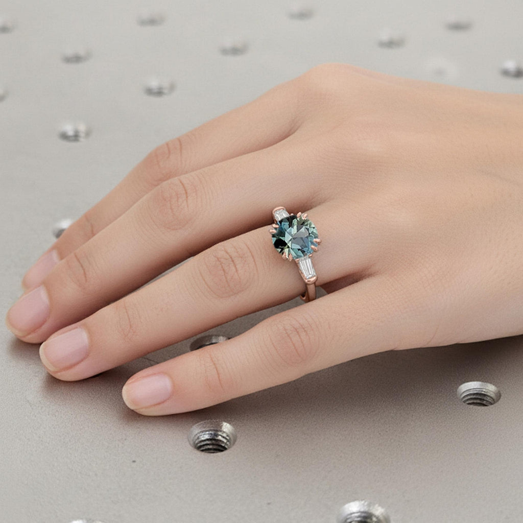 14k Rose Gold Round Cut Engagement Ring | 1CT Blue Green Sapphire Engagement Ring | Round cut Sapphire and Diamond Three Stone Ring | Gold Promise Ring