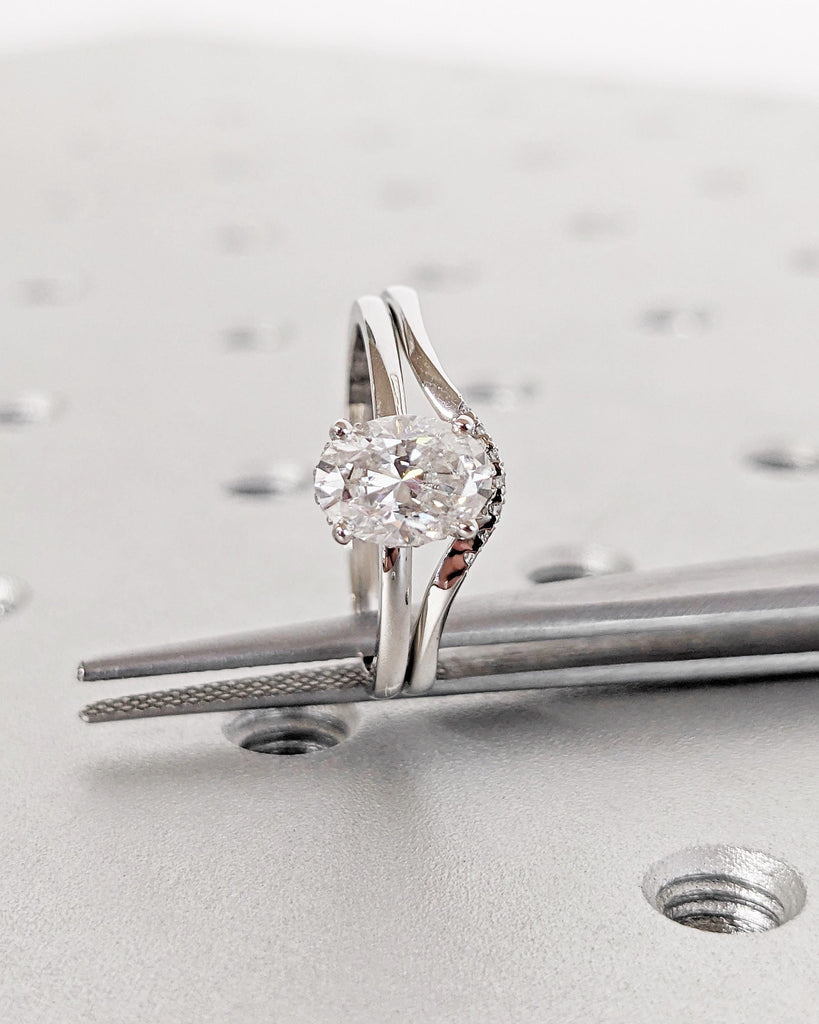 Moissanite Oval Engagement Ring Set, Moissanite Bridal Set, Diamond Hidden Halo Wedding Ring Set, Matching Rings, White Gold Promise Rings