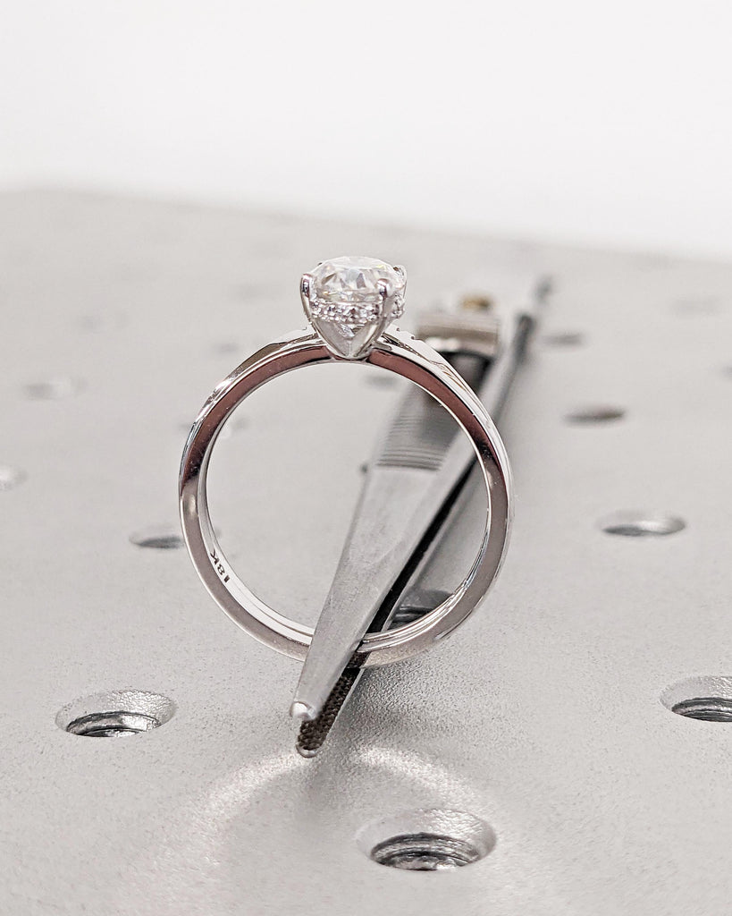 Moissanite Oval Engagement Ring Set, Moissanite Bridal Set, Diamond Hidden Halo Wedding Ring Set, Matching Rings, White Gold Promise Rings