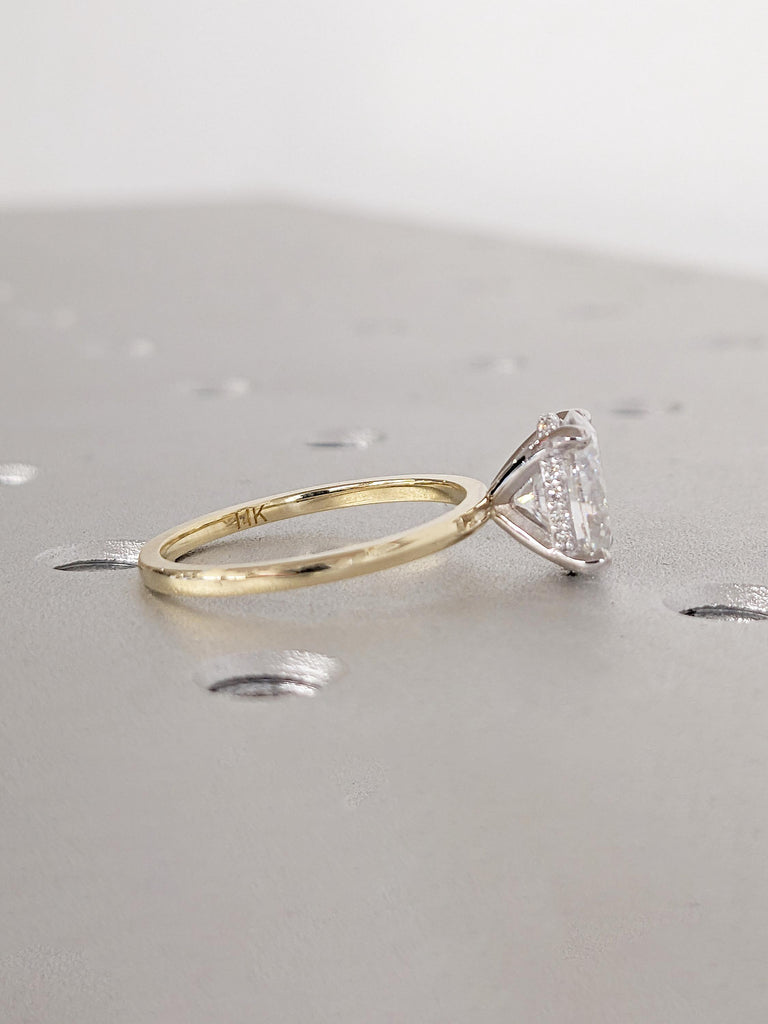 Oval Cut Lab Grown Diamond Engagement Ring, Vintage 14k Gold Solitaire Ring, Diamond Hidden Halo Ring, Two Tone Ring, Promise Ring for Her