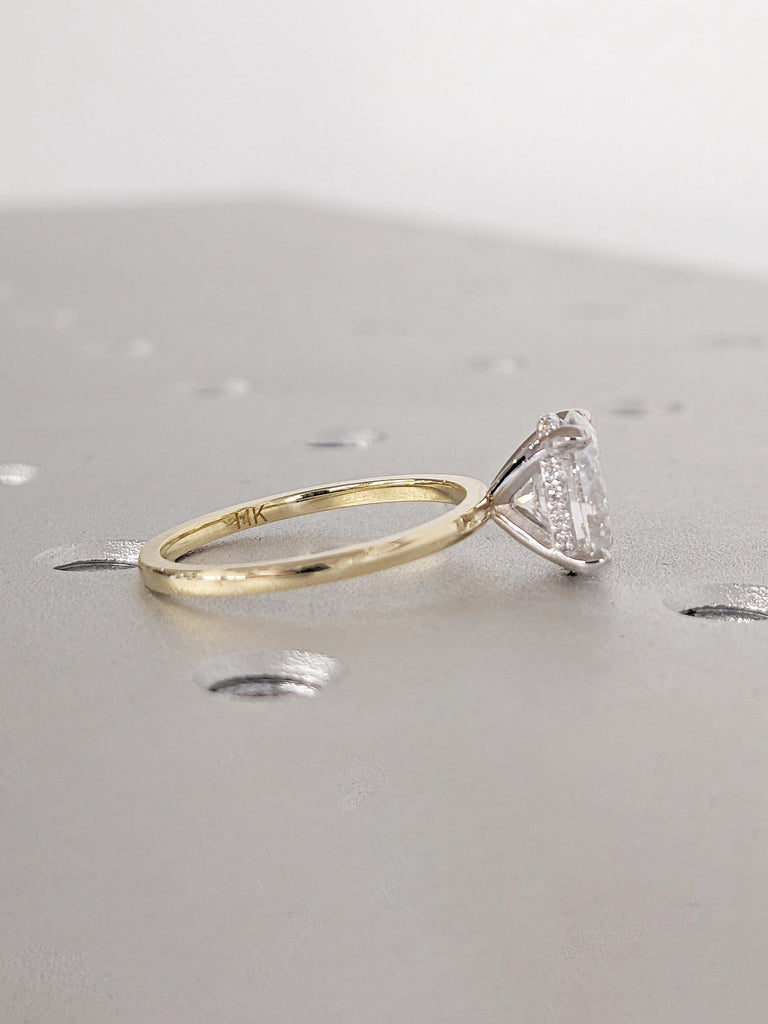 Hidden Halo Lab Diamond Ring, 14k White and Yellow Gold Engagement Ring, Oval Cut Ring