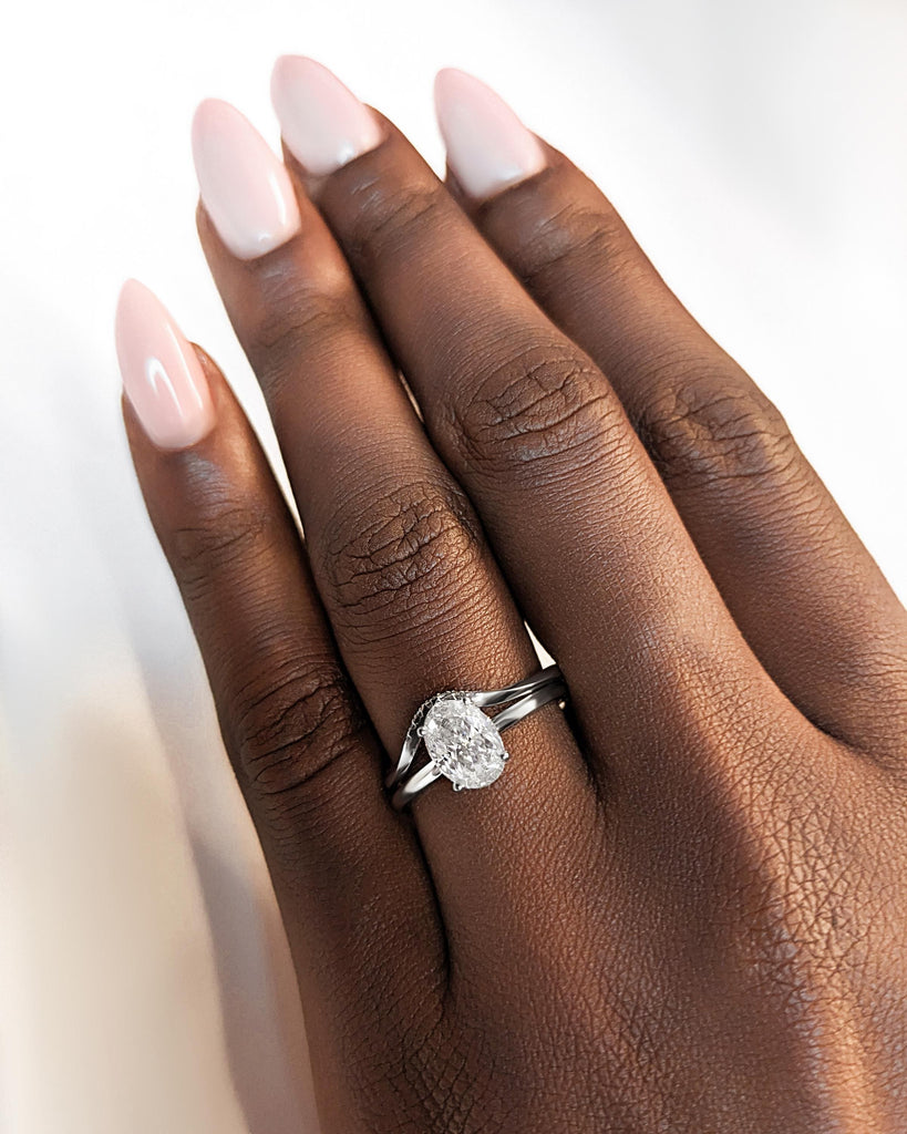 Moissanite Oval Engagement Ring Set, Moissanite Bridal Set, Diamond Hidden Halo Wedding Ring Set, Matching Rings, White Gold Promise Rings