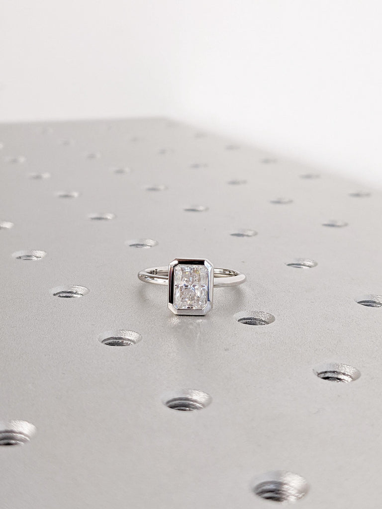 Radiant Cut Moissanite Engagement Ring | Dainty 14K White Gold Slim Wedding Band | Bezel Setting Statement Ring | Minimalist Solitaire Ring